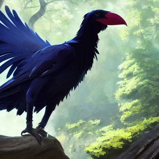 Image similar to concept art painting of an anthropomorphic albino raven wearing dark blue robes, in the deep forest, realistic, detailed, cel shaded, in the style of makoto shinkai and greg rutkowski and james gurney