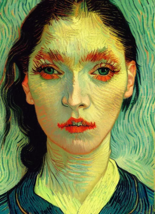 Image similar to portrait of a woman with long black hair, detailed beautiful face in painting, detailed beautiful portrait, expressionist oil painting masterpiece, 8 k resolution, smooth, sharp focus, pastel color palette, trending on artstation, by van gogh