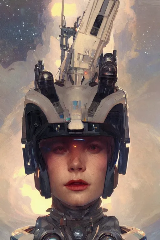 Prompt: A full portrait of a scifi space fighter pilot, intricate, elegant, highly detailed, digital painting, artstation, concept art, smooth, sharp focus, illustration, art by Krenz Cushart and Artem Demura and alphonse mucha