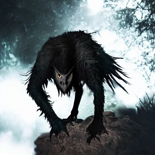 Image similar to werecreature consisting of a crow and a human, featured on artstation, photograph captured in a dark forest