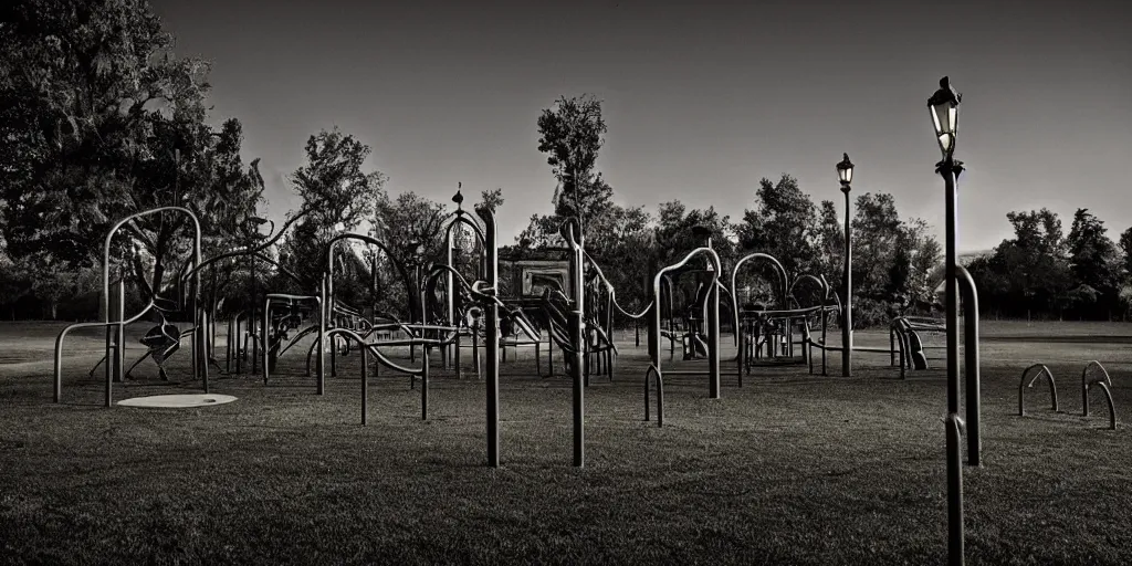 Prompt: a play ground at night, dark haunted by ghosts of children in the style of photographer Joshua Hoffine