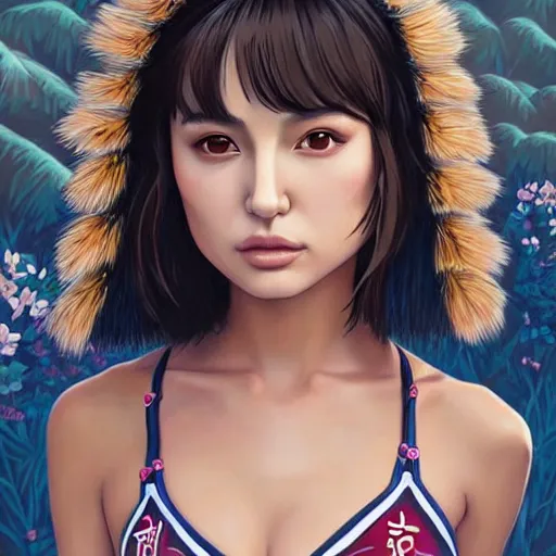 Image similar to a beautiful young japanese natalie portman alluring gravure model, stylized concept art, wearing elegant designer bomber jacket and one piece bikini, bomber jacket with mesoamerican patterns, mesoamerican native street fashion, princess mononoke, painted by ilya kuvshinov aesthetic, gorgeous, stunning, alluring, attractive, artstation, pinterest, digital art