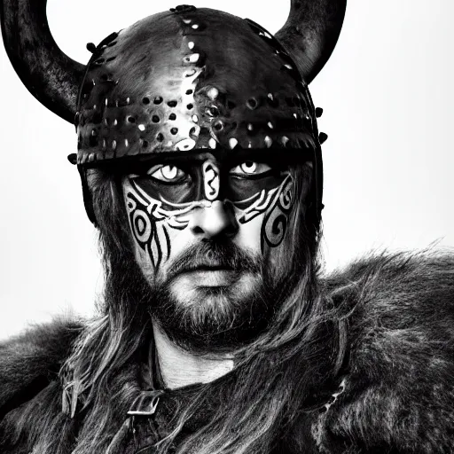 Image similar to viking in black body armour with black and white face painting, extremely detailed image from a film, full color