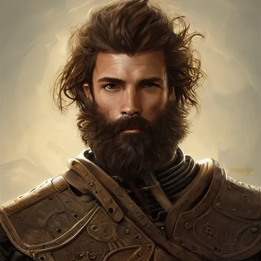 Image similar to portrait of a ruggedly handsome paladin, soft hair, muscular, half body, leather, hairy, d & d, fantasy, intricate armor, elegant, highly detailed, digital painting, artstation, concept art, smooth, sharp focus, illustration, art by artgerm and greg rutkowski and alphonse mucha