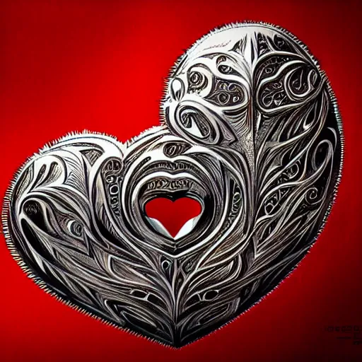 Prompt: a chrome carved heart, highly detailed, red atmosphere, intricate artwork, graphic style of Patrick Gleason very coherent symmetrical artwork, depth of field, bokeh