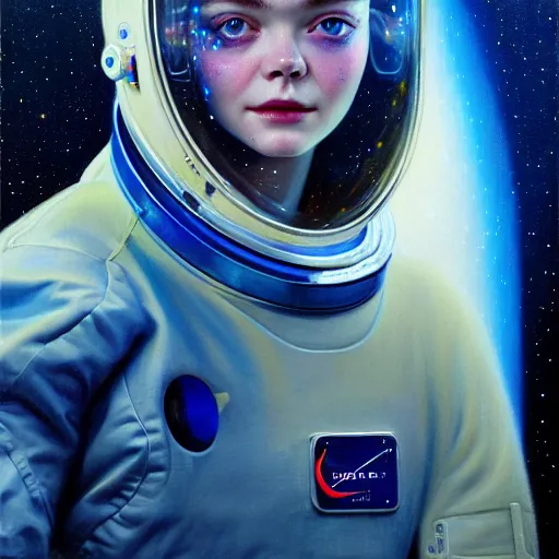 Image similar to portrait of a elle fanning wearing a spacesuit in the dark depths of space, detailed realism face in painting, detailed beautiful portrait, oil painting masterpiece, 8 k resolution, smooth, sharp focus, trending on artstation, by bruce pennington