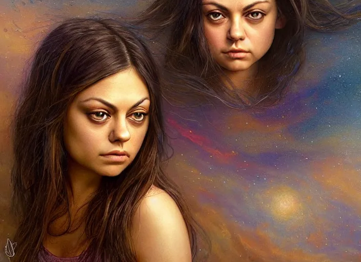 Image similar to big-eyed surprised Mila Kunis staring intensely into the camera, sundown golden hour firefly wisps, Lilia Alvarado, Sophie Anderson, Mark Arian, Bob Byerley, Charlie Bowater, Mark Brooks, Steve Henderson, Justin Gerard, Arthur Hughes, Edward Robert Hughes, Mark Keathley, Victor Nizovtsev, Carlos Shwabe, Ross Tran, WLOP