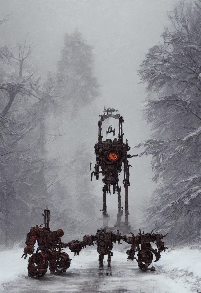 Image similar to a 1914, walking steam rusty mecha in the snow, Rozalski, trending on artstation