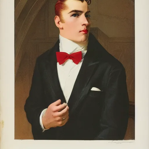 Image similar to a young man with slicked back red hair, a symmetrical clean - shaven face and white eyes, wearing a white tuxedo jacket with a yellow popper flower in its lapel, symmetry, reflection, mirrors, myth of narcissus, by j. c. leyendecker