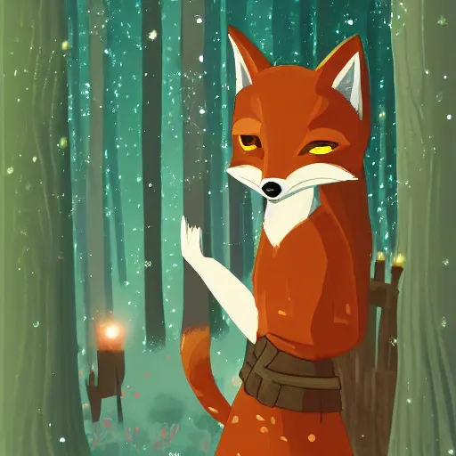 Image similar to portrait of a medieval anthropomorphic fox in a forest at night with fireflies, trending on artstation, furry art, by kawacy, night lighting, digital art, dreamy, bokeh