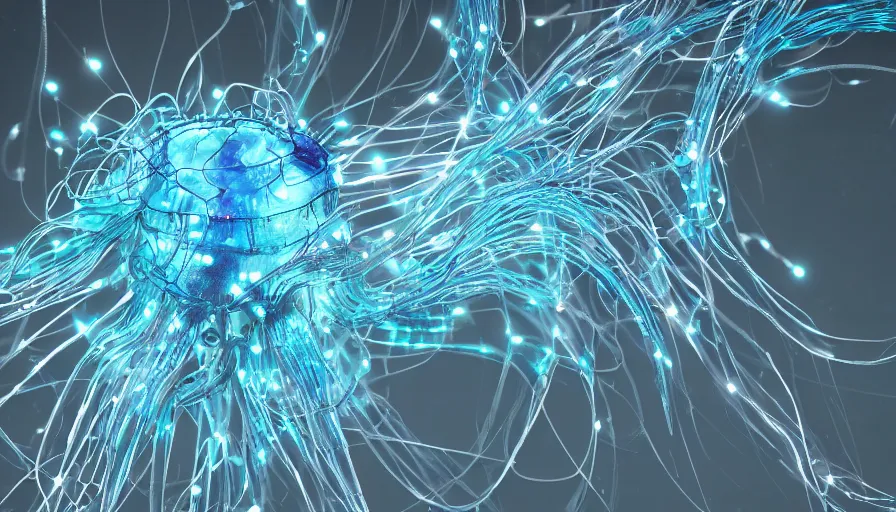 Image similar to Cybernetic Jellyfish with Blue Pulsating strands of light, Digital Art, Rendering, Octane, Redshift