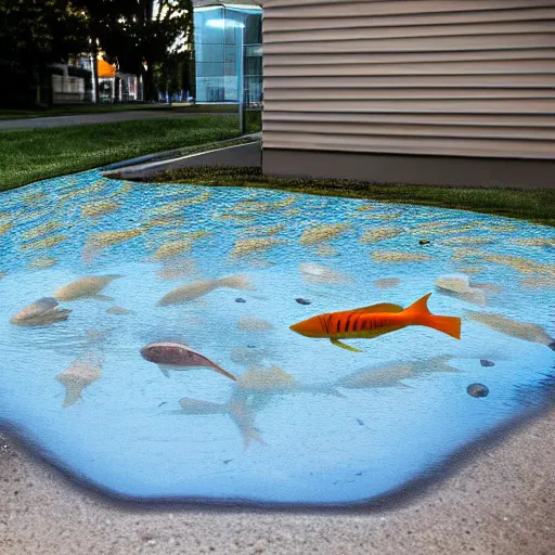 Image similar to a liquid sidewalk with a group of fish swimming inside it