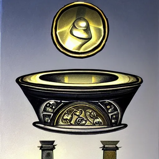 Prompt: in the center lays an ancient chromed artifact in the shape of a heavy signet ring, ornate with gentle iridescent shine from within. the ring lays on top of a pedestal. the pedestal is in front of a dark misty balcony at night. perspective from the side. realistic light and shadows. moody fantasy art, table still masterpiece life renaissance pastel painting.