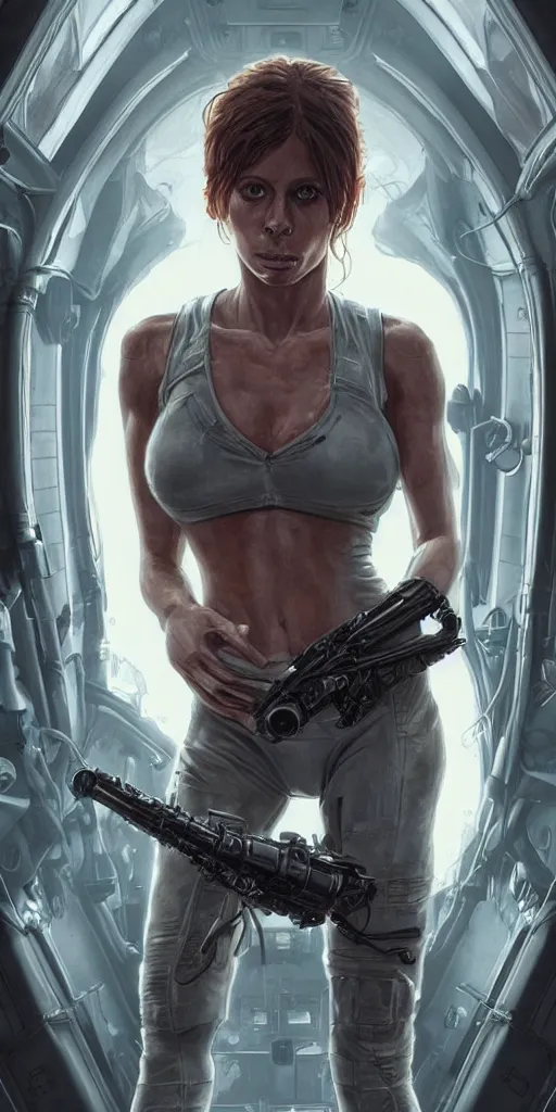 Prompt: portrait of Madison Ivy as Ellen Ripley in Alien, looking at camera, intricate, dystopian, sci-fi, extremely detailed, nostromo corridor, octane render, digital painting, concept art, smooth, sharp focus, illustration, incredible art by artgerm and greg rutkowski and alphonse mucha and simon stalenhag