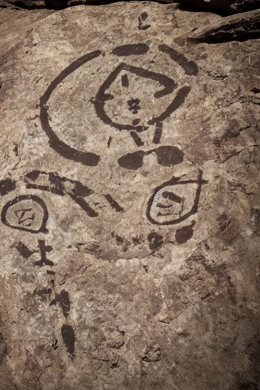 Image similar to 4 k photography of petroglyphs representing crosses, ufo, yin yang symbol on a cave