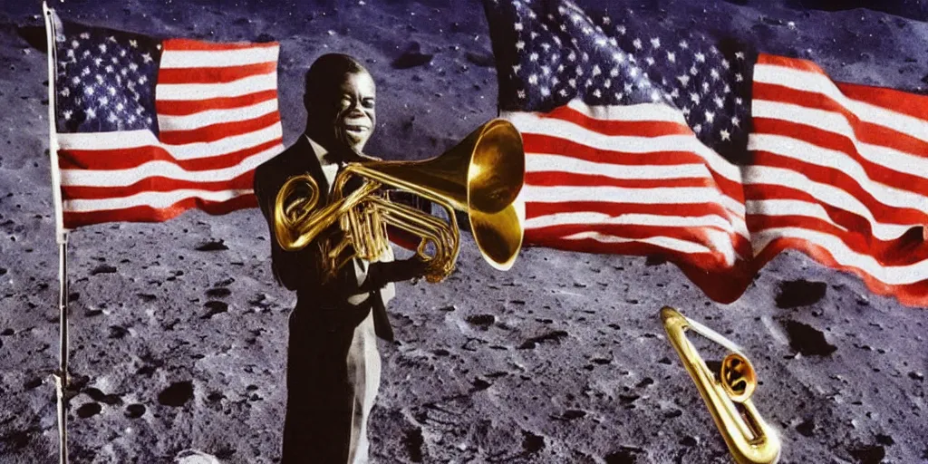 Prompt: louis armstrong playing a trumpet on the moon with american flags, space background, photo