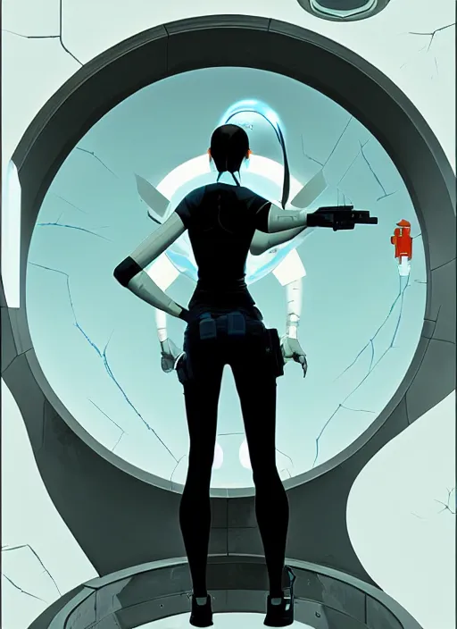 Image similar to poster artwork by Michael Whelan and Tomer Hanuka, of the game Portal, from Valve, Aperture Science, clean