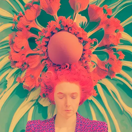 Image similar to giant flower head, frontal, girl standing in mid century hotel, surreal, symmetry, bright colors, cinematic, wes anderson