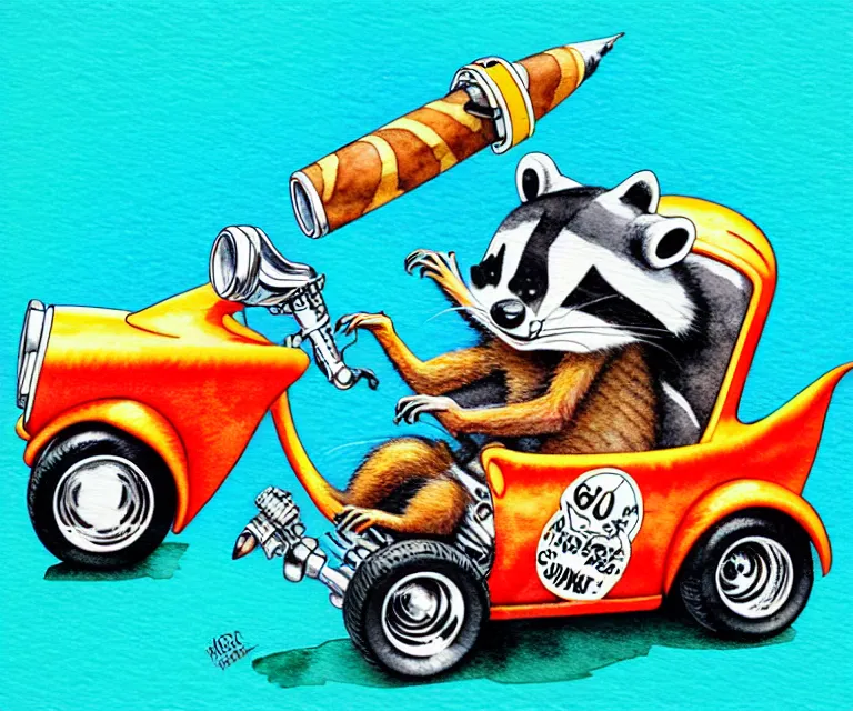 Image similar to cute and funny, ( racoon [ smoking cigar ] ) riding in a tiny hot rod with oversized engine, ratfink style by ed roth, centered award winning watercolor pen illustration, isometric illustration by watercolor girl, edited by range murata, tiny details by artgerm, symmetrically isometrically centered