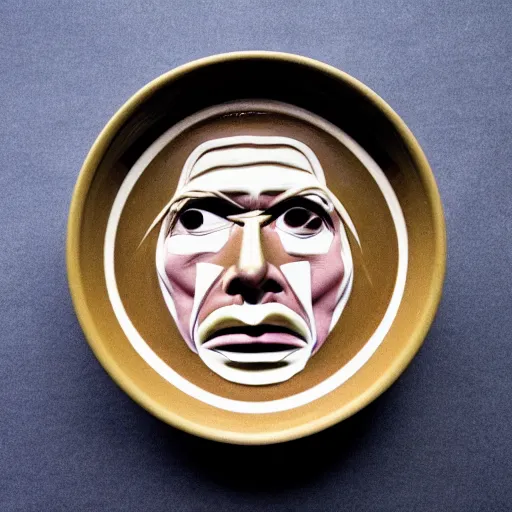 Prompt: a cereal bowl in a shape of bowie face, space oddity,