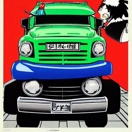 Image similar to a japanese print of a gorillaz album cover, green pickup car, art by akira toriyama.