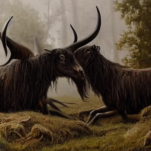 Image similar to thomas kincaid painting of black phillip, long horns, 1 0 legs. from the movie the witch. dynamic lighting, masterpiece painting, octane render, cinematic trending