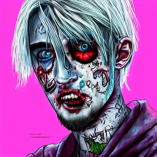 Prompt: Portrait of Lil Peep as a zombie, artstation, digital art, high quality, hyperrealistic, detalied,8k,