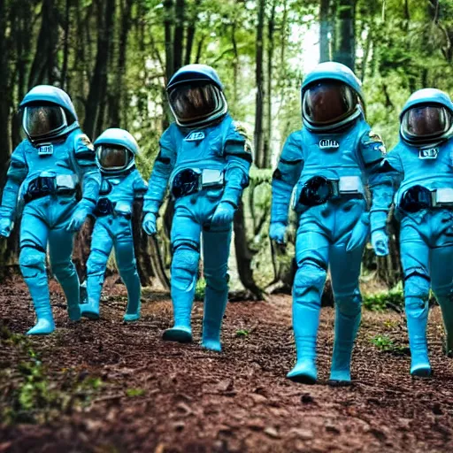 Image similar to a squad of space scouts wearing cyan camo uniforms with white armor and helmets exploring a forest planet