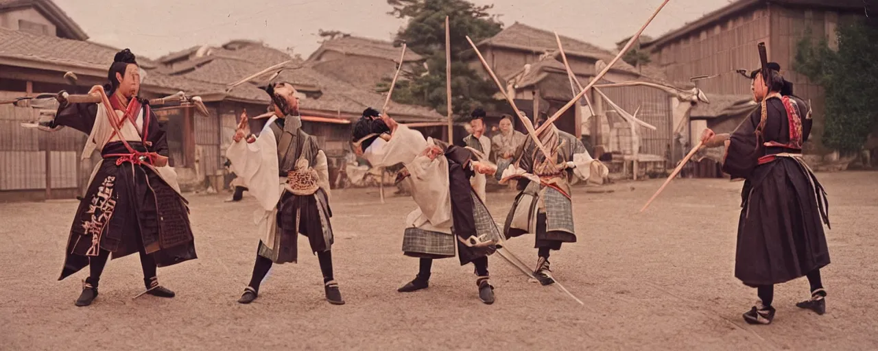 Prompt: 1 8 0 0 s japanese samurai with swords made of! spaghetti!, ultra - realistic faces, fine detail, canon 5 0 mm, wes anderson, kodachrome, retro