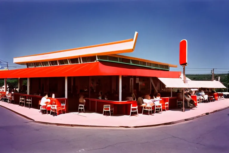 Image similar to 1 9 7 5 googie popsicle people sitting at tables, googie architecture, two point perspective, americana, restaurant exterior photography, hd 4 k, taken by alex webb