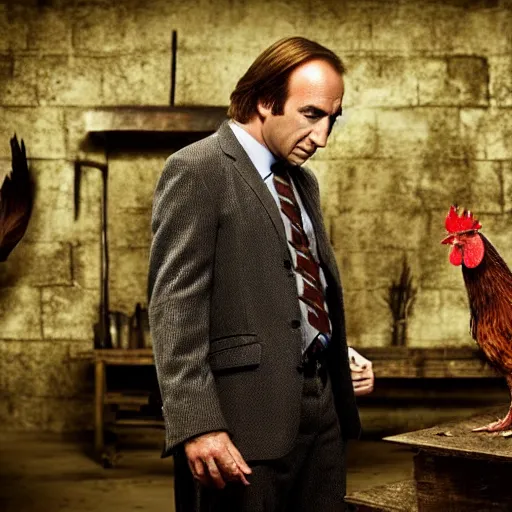 Image similar to saul goodman and a rooster in a medieval torture chamber, saw blades and knives in the background, horror movie, saul goodman, bob odenkirk, rooster!!!!, real life photo, highly detailed face