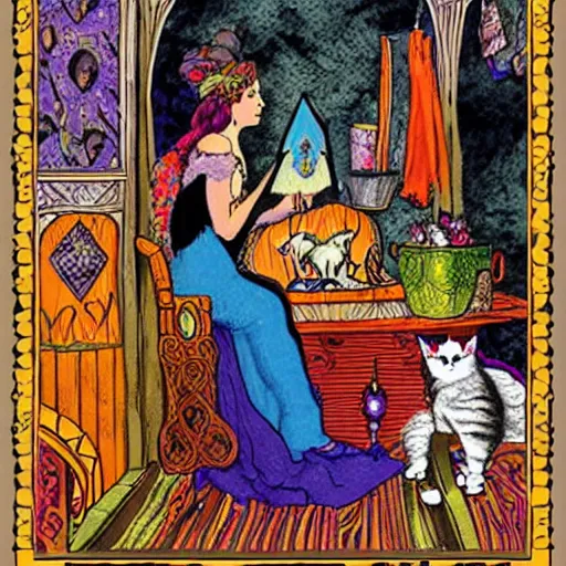 Prompt: Gypsy lady doing tarot card reading inside a gypsy caravan surrounded by cats in art nouveau style