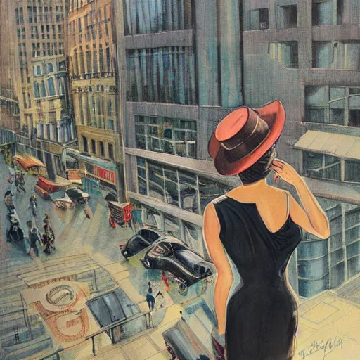 Prompt: woman, city, looking down, street top view, by rossdraws, enoch bolles