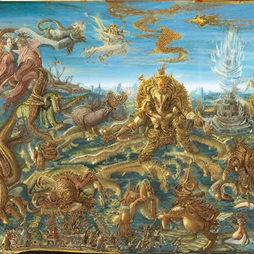 Prompt: intricate scenery of a delirium of creatures and feminine demons and gods and angels running with dragons elephants centipede and birds into the explosion of god in the act of creating the biggest city landscape ever created in the burning sun of anthropocene, flemish painting, highly detailed, intricate, ornate, digital art