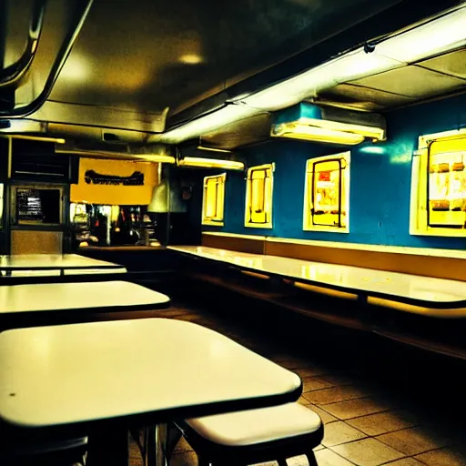 Prompt: inside of a greasy diner, yellow lighting, late night, photo