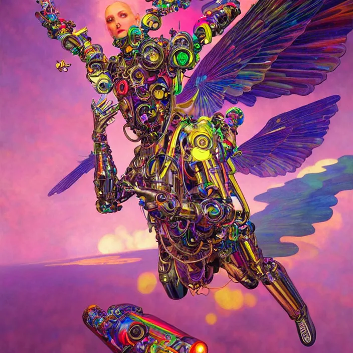 Prompt: bright psychedelic portrait of organic skydiving cyborg with wings, diffuse lighting, fantasy, intricate, elegant, highly detailed, lifelike, photorealistic, digital painting, artstation, illustration, concept art, smooth, sharp focus, art by John Collier and Albert Aublet and Krenz Cushart and Artem Demura and Alphonse Mucha