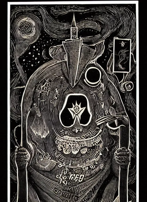 Image similar to fear of technology, black paper, tarot card, highly detailed, dave quiggle, border, intricate ink illustration