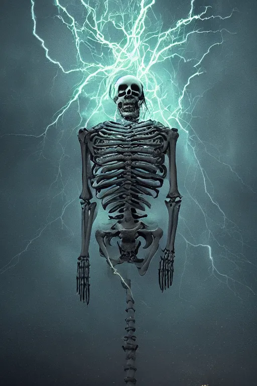 Prompt: stunning eerie god metamorphing into a skeleton, hyperrealism, photorealistic art, digital arts, intricate details and composition, whirpool of tornado and electric lightening in the bokeh background, surreal colors, 4 k, 8 k, artstation