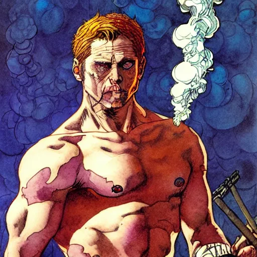 Image similar to a realistic and atmospheric watercolour fantasy character concept art portrait of captain america with pink eyes wearing a wife beater and smoking a huge blunt by rebecca guay, michael kaluta, charles vess and jean moebius giraud