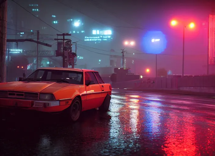 Image similar to gta in moscow, playstation 5 screenshot, mega details, dark night, orange lights, heavy rain, fog, beautiful rtx reflections, soviet suburbs, photorealistic, unreal engine 5, octane render, volumetric light, cg society, 4 k, bokeh, lada car, artstation