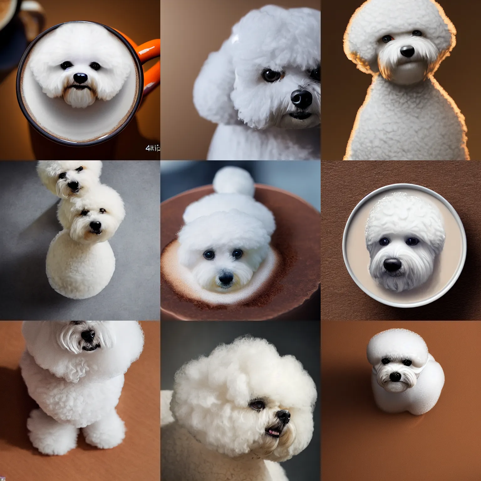 Prompt: a closeup photorealistic photograph of bichon frise imagined as latte art. professional capture, well lit shot. this 4 k hd image is trending on artstation, featured on behance, well - rendered, extra crisp, features intricate detail, epic composition and the style of unreal engine.