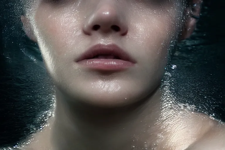 Prompt: an ultra realistic, cinematic, fantasy, portrait, of a woman, face in water, dramatic, soft light, dreamy, facial features, detailed, deep focus, movie still, dramatic lighting, ray tracing, by michal karcz and yoshitaka amano