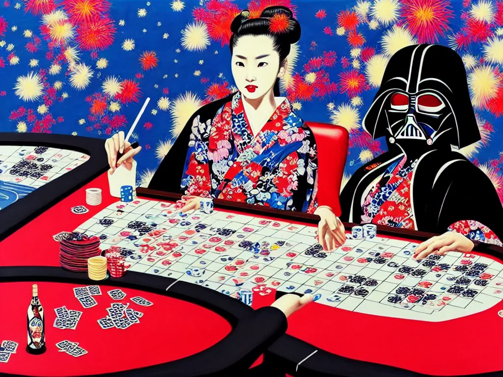 Image similar to hyperrealistic composition of the detailed woman in a japanese kimono sitting at a extremely detailed poker table with detailed darth vader, fireworks, mount fuji on the background, pop - art style, jacky tsai style, andy warhol style, acrylic on canvas