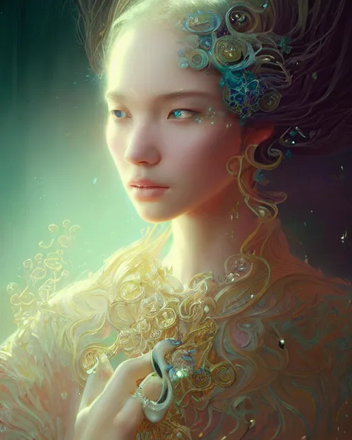 Prompt: opulent fantasy violin, fractal crystal, (((beauty portrait))) by WLOP, James Jean, Victo ngai, unreal engine, beautifully lit, long hair, elegant, muted colors, highly detailed, fantasy art by Craig Mullins, Thomas Kinkade