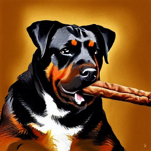 Image similar to rottweiler smoking a cigar, stylized, digital painting