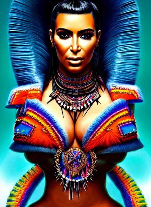 Image similar to portrait of kim kardashian, hyper detailed ultra sharp aztec shaman warrior. trending on artstation, warpaint aesthetic, bloodwave, colorful, psychedelic, ornate, intricate, digital painting, concept art, smooth, sharp focus, illustration, art by artgerm and greg rutkowski and h. r. giger, 8 k