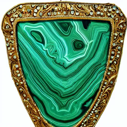 Prompt: ornate malachite shield with jewels, highly detailed, 4k, HDR, smooth, sharp focus, hyper realistic, high resolution, award-winning photo