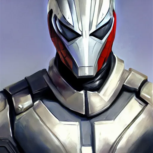 Image similar to greg manchess portrait painting of armored spiderman ultraman grey fox from metal gear cyborg gay japanese - american hybrid as overwatch character, medium shot, asymmetrical, profile picture, organic painting, sunny day, matte painting, bold shapes, hard edges, street art, trending on artstation, by huang guangjian and ail elvgren and sachin teng