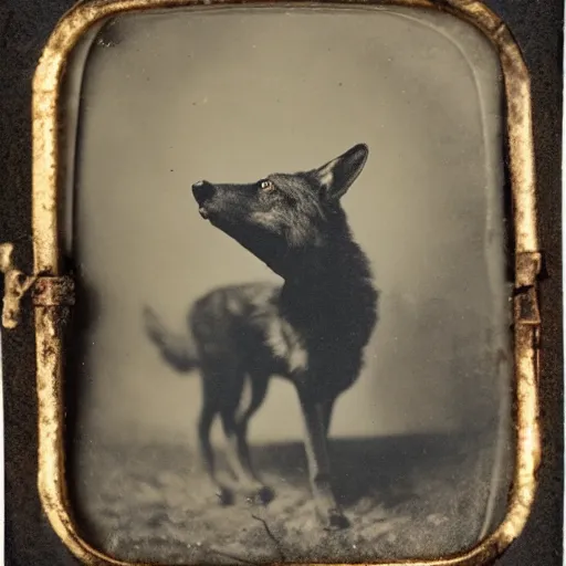 Prompt: tintype photo of a wolf eating a snake