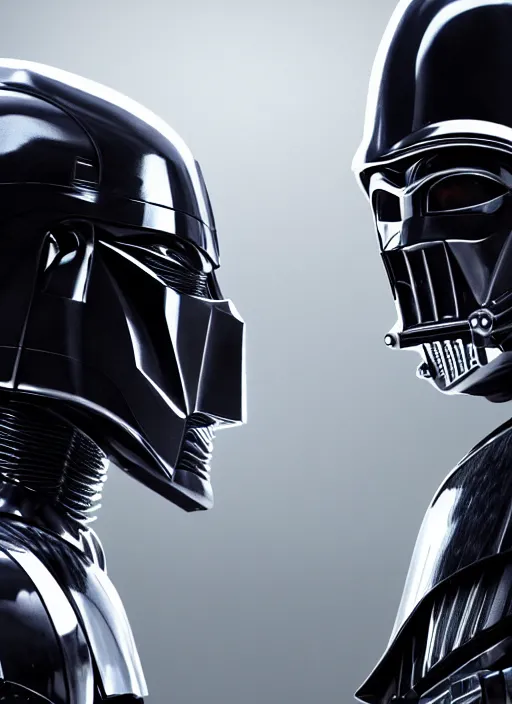 Image similar to Film poster, RoboCop VS Darth Vader, faces look at each other, detailed and realistic, 4k, filmic render